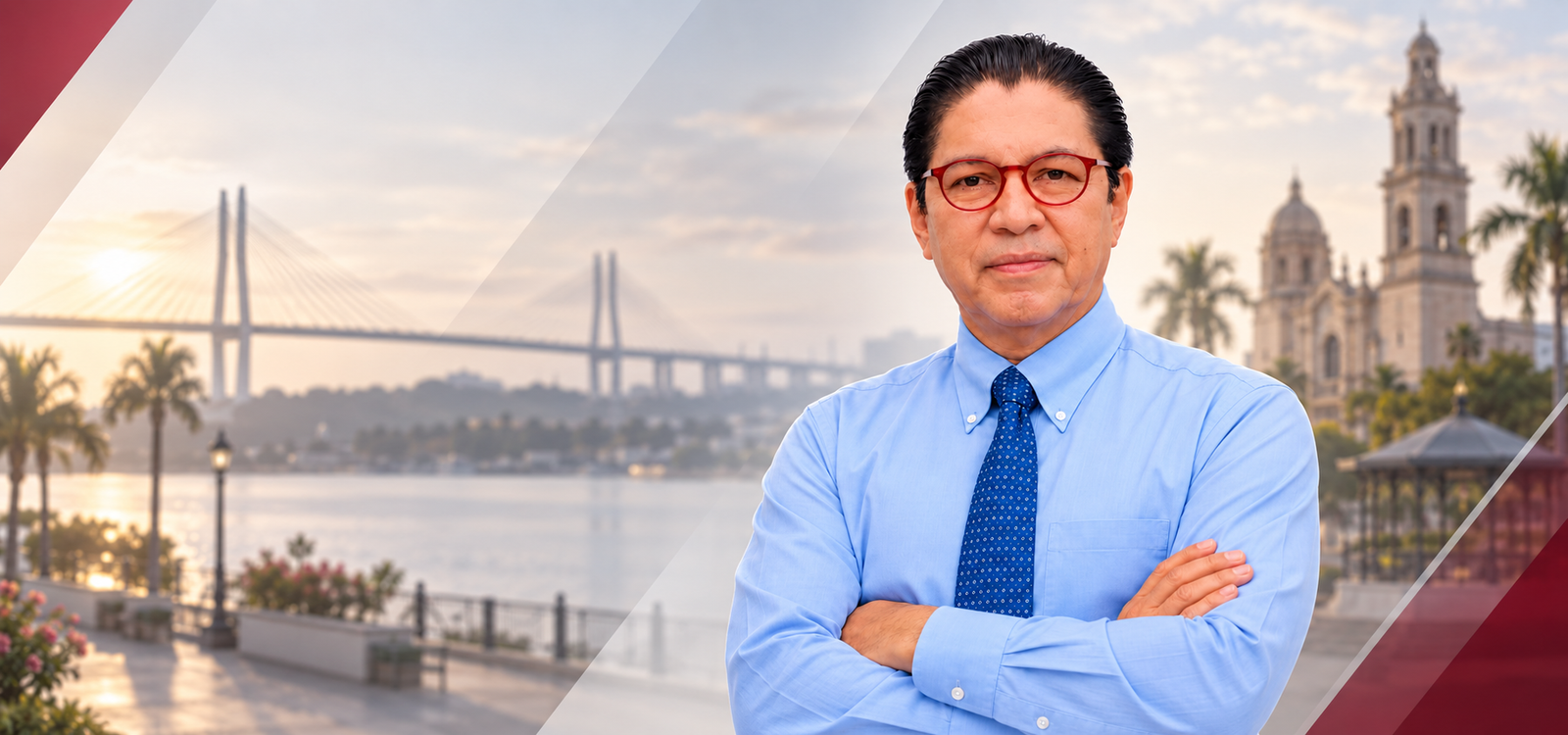 Rodolfo Valderrama con el puente y la Catedral de Tampico